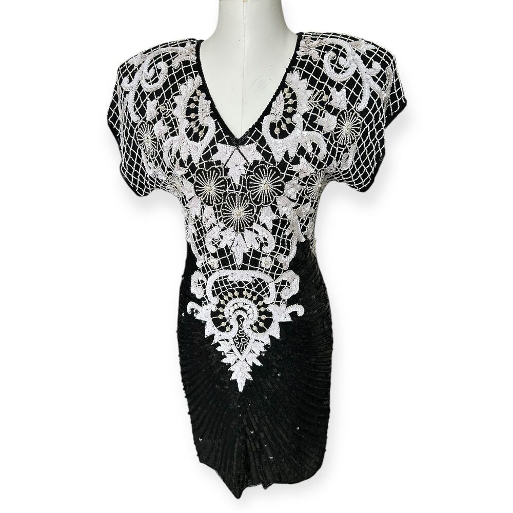 Vintage 80s Beaded Mini Dress Sequined Party Cocktail Black Medium Glam Carina